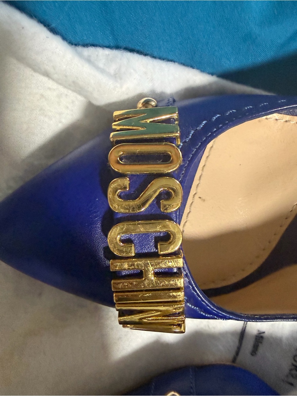 Moschino Cobalt Pointed Toe Pumps with Gold MOSCHINO Logo - Picture 7 of 7